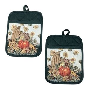 Vintage Pair Fall Thanksgiving Quilted Pumpkin Cornucopia Pocketed Potholders
